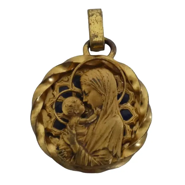 Ancien grand médaillon "Vierge à l'enfant" en métal doré et émail signé A. Augis