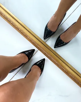 Black Patent Leather Crocodile-Effect Heels