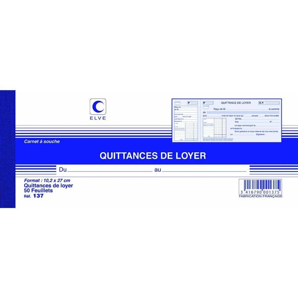 Carnet à souche QUITTANCES DE LOYER 105 x 270 mm 50 Feuillets