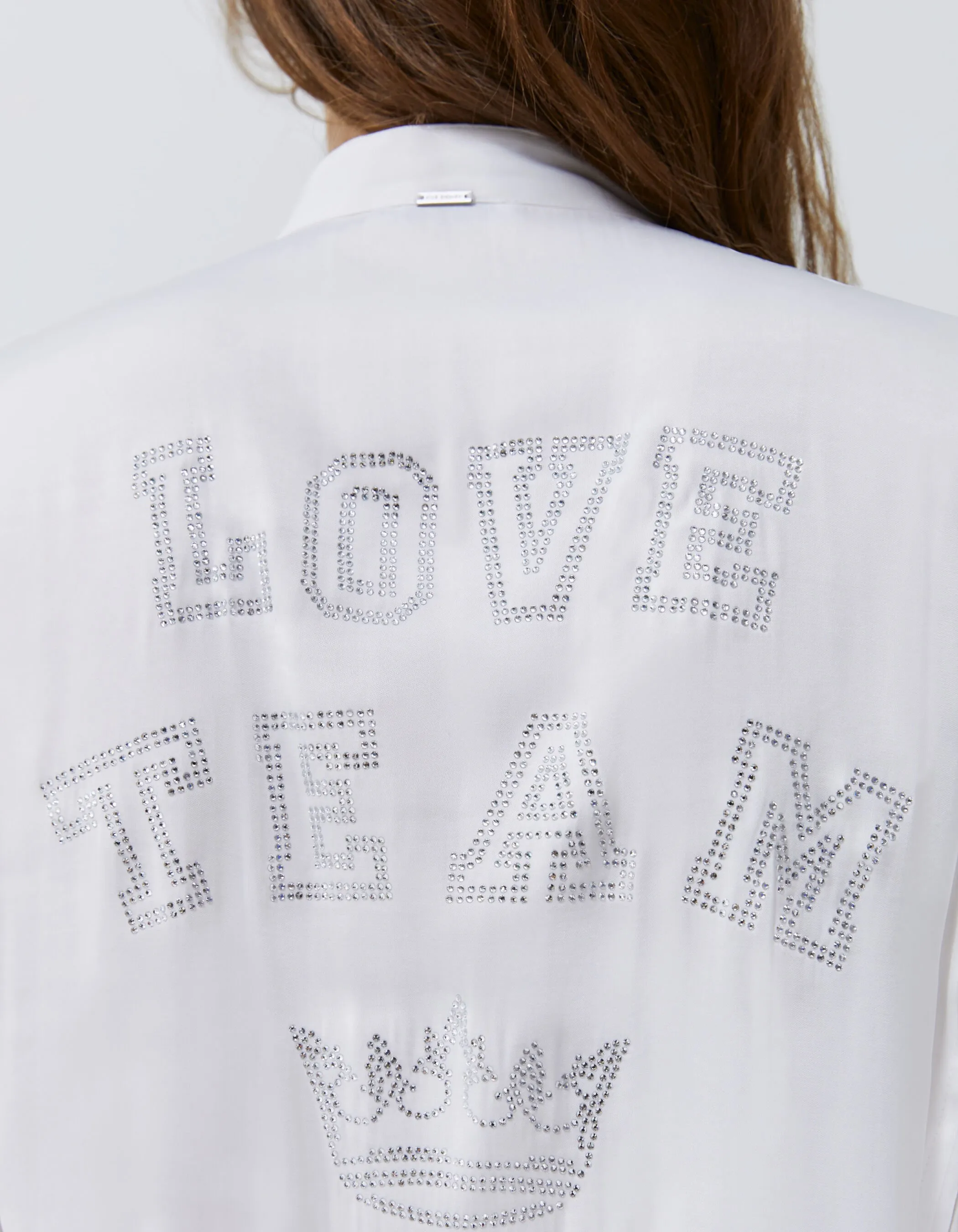 White Satin Blouse with Rhinestone-Embellished Back for Women