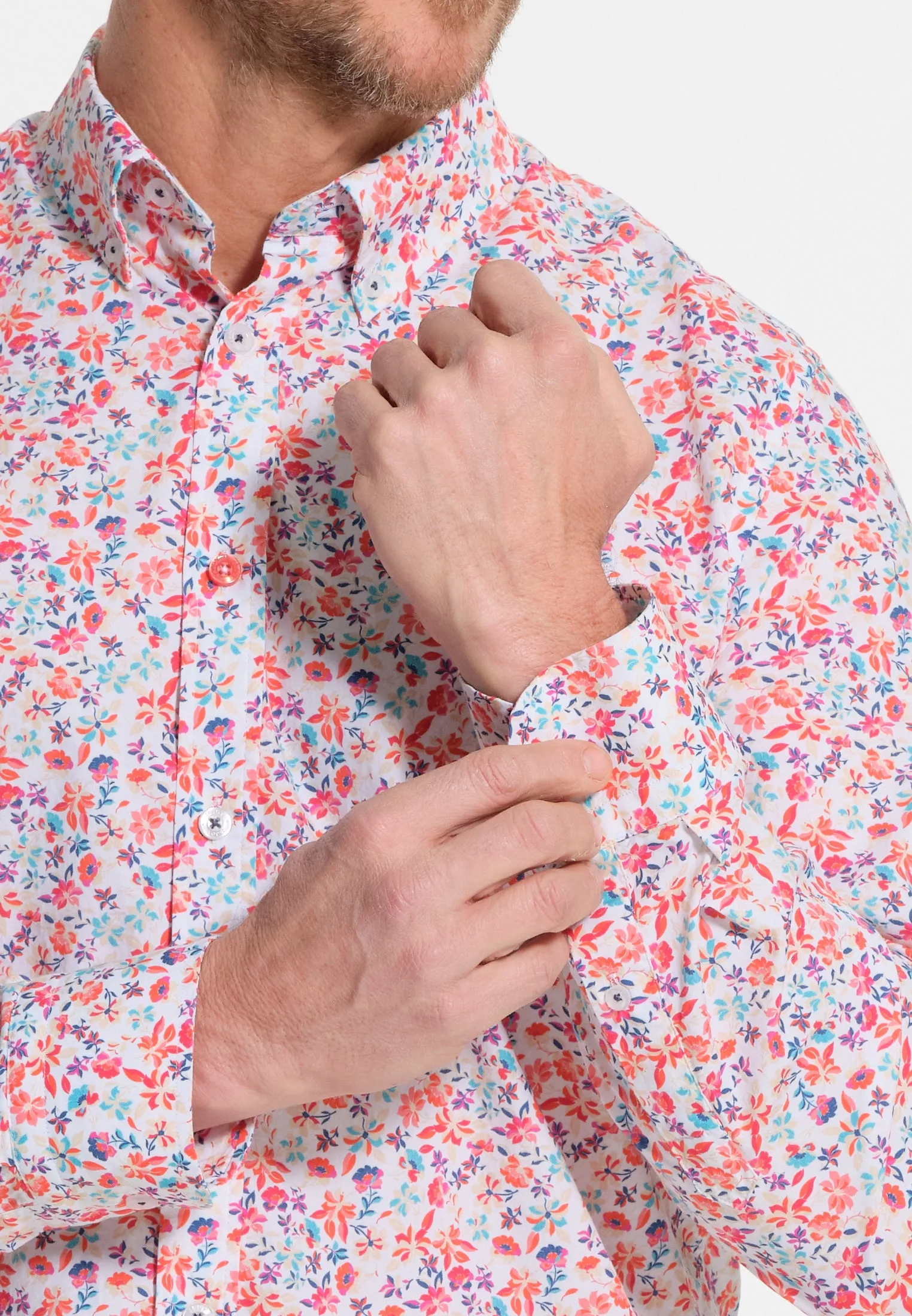 Chemise homme blanche avec fleurs rouges-orangées