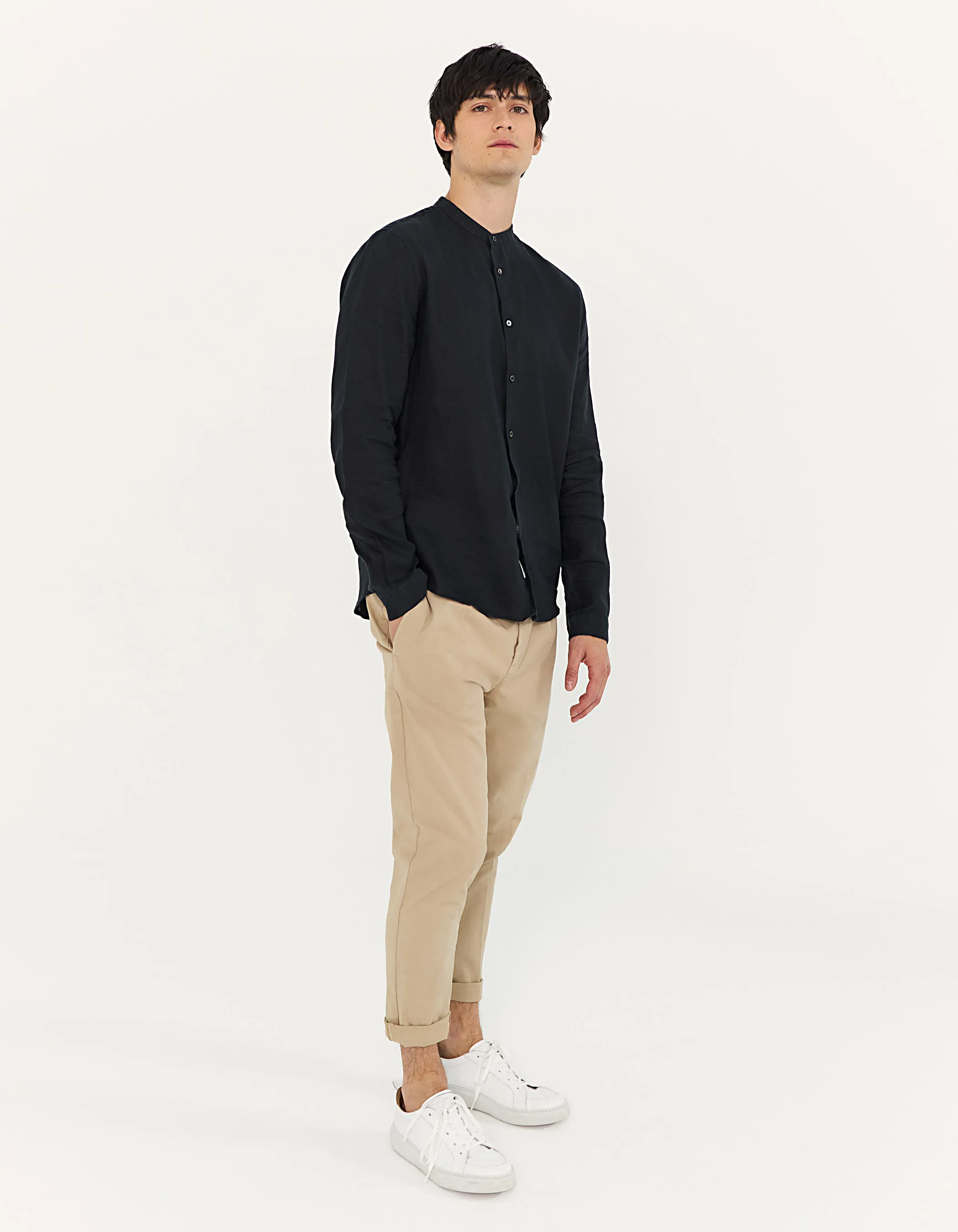 Black Regular Linen Men's Mao Collar Shirt