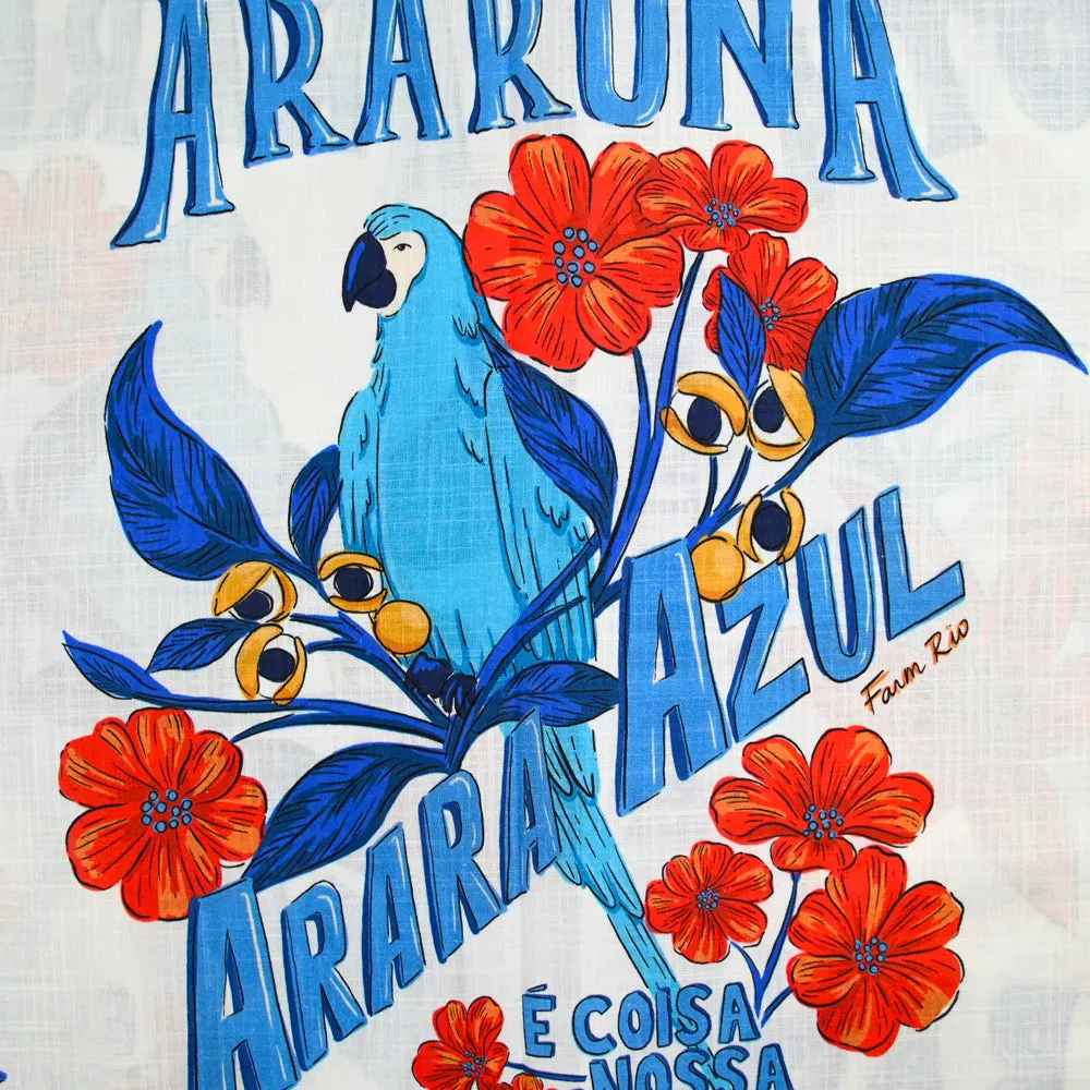 Coton tissé aspect lin imprimé Arara Azul fond blanc