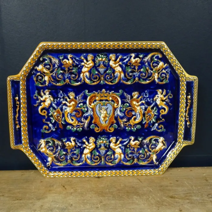 Grand plateau faience de GIEN "Renaissance" fond bleu - Le palais des bricoles
