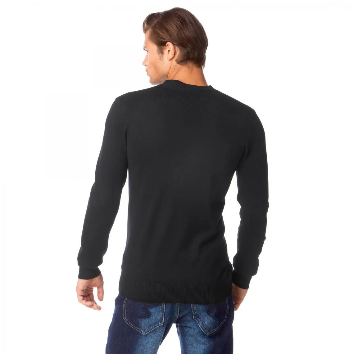 John Devin Men's Black V-Neck Buttoned Cotton Vest, Long Sleeves | 3 Suisses