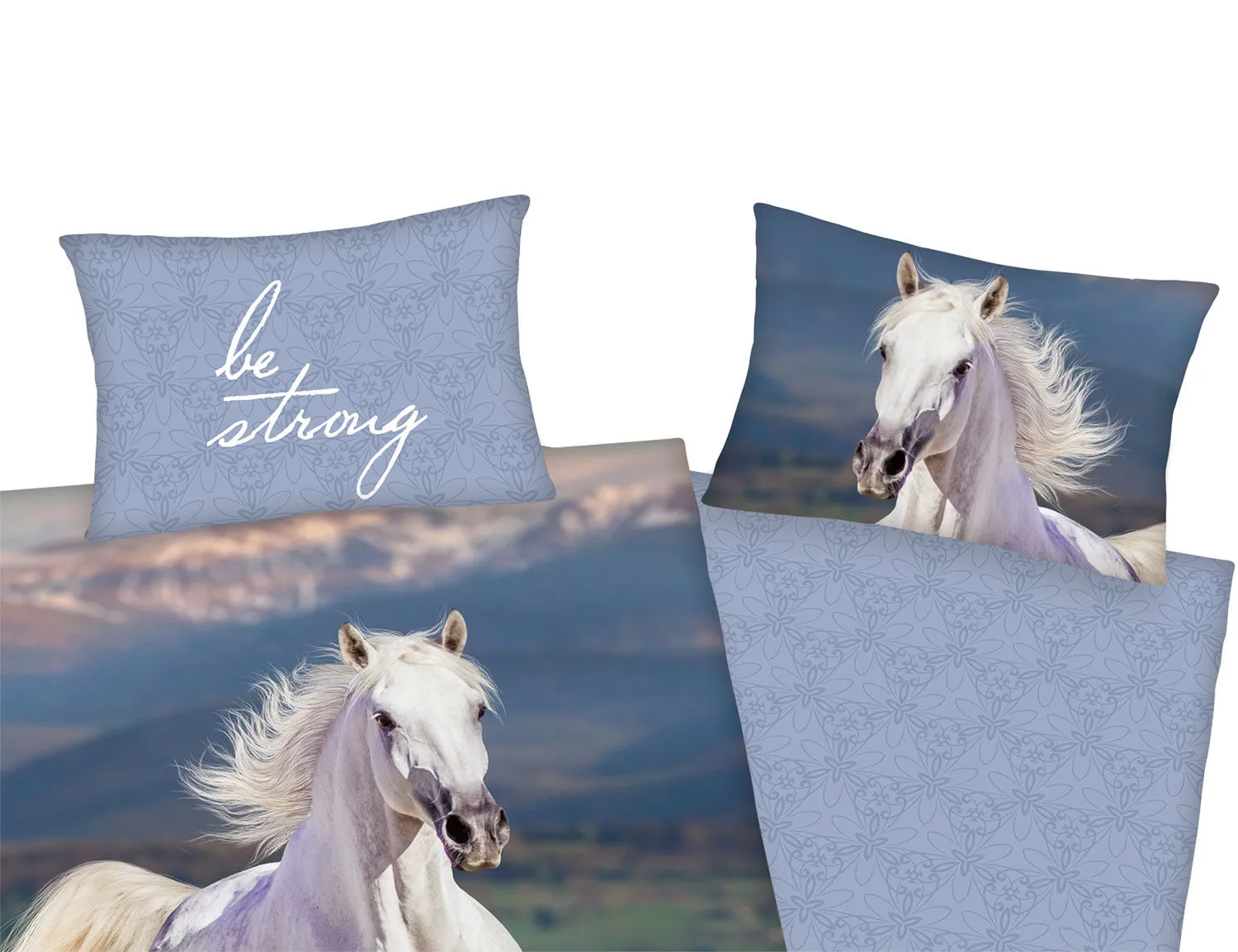 Linge de lit orné d'un cheval blanc sur fond de prairie fleurie ⋆ Lehner Versand