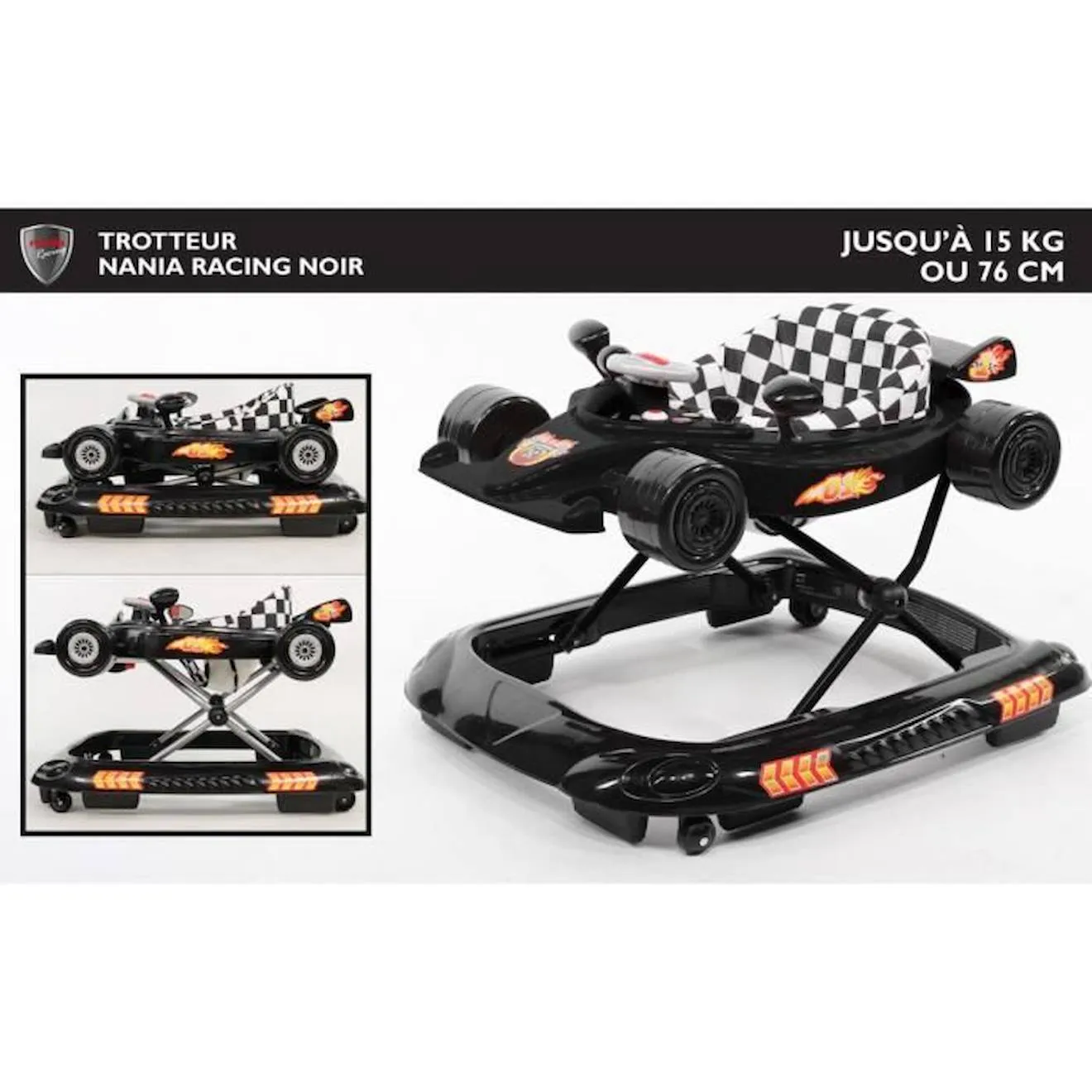 NANIA Trotteur RACING - Réglable en hauteur - Tablette d'éveil - 9-24 mois - 0 à 15 kg - Noir noir - Nania