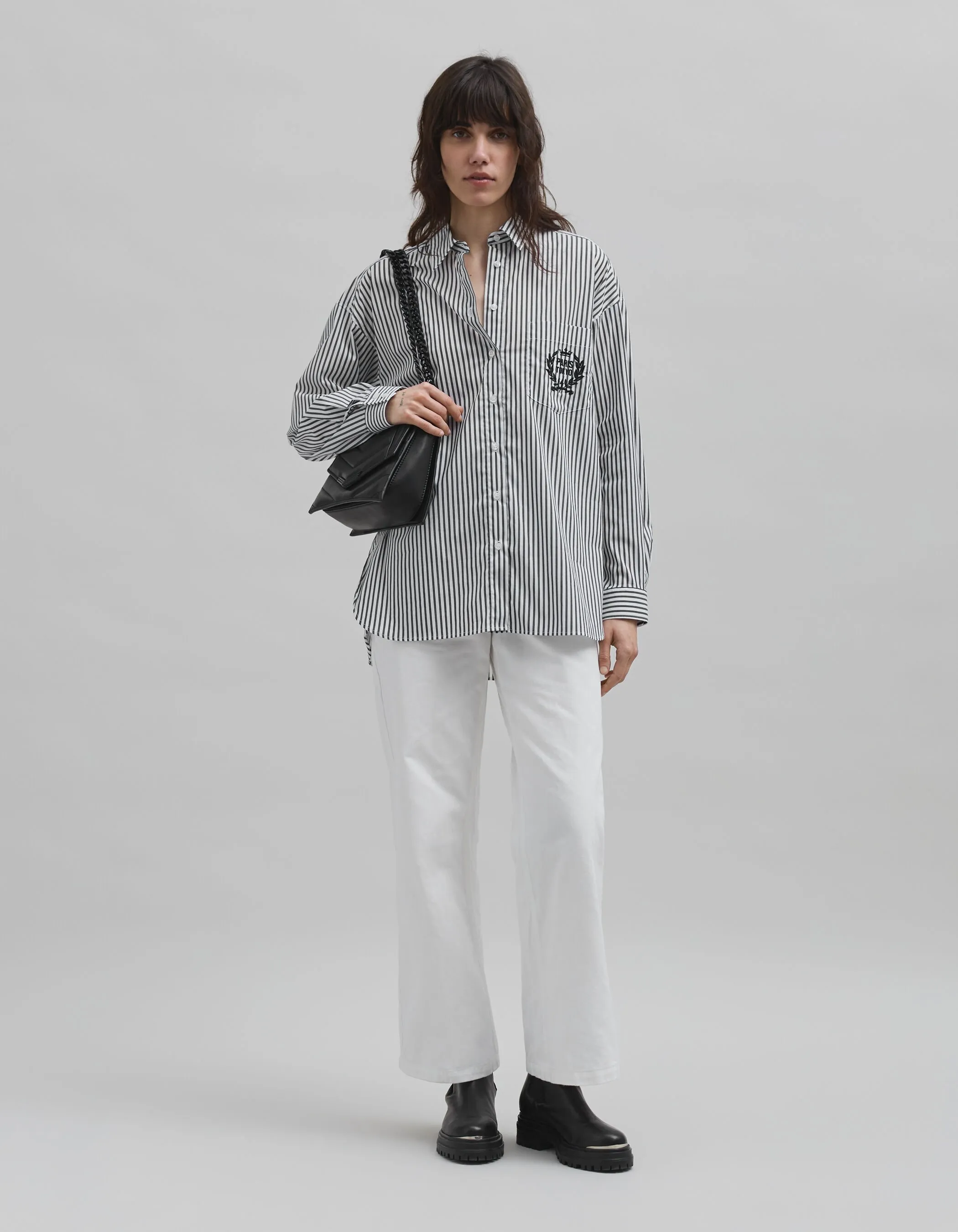 Oversized Black Shirt with White Stripes and Pocket Embroidery for Women