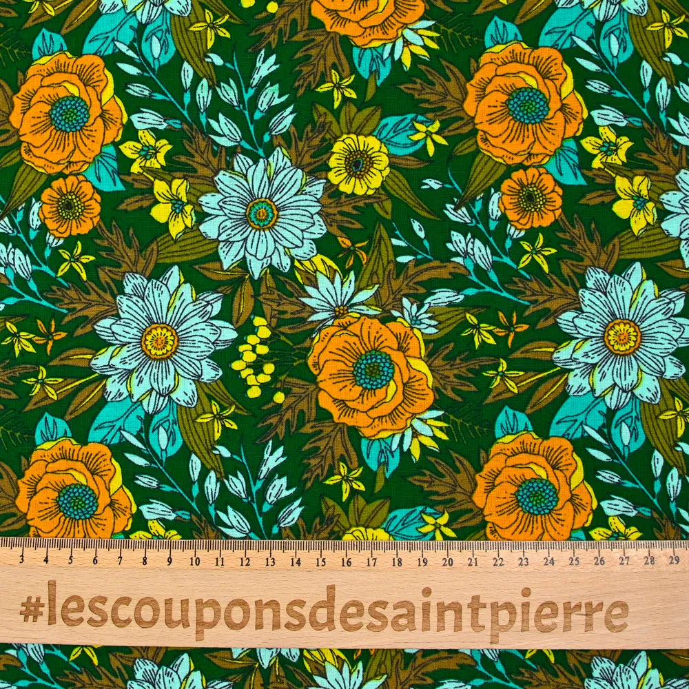 Popeline de coton imprimée fleurs Lise fond vert