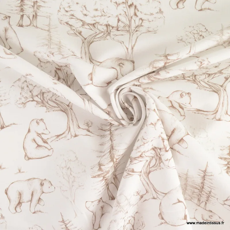 Popeline Ours de la foret magique beige fond blanc -  oeko tex