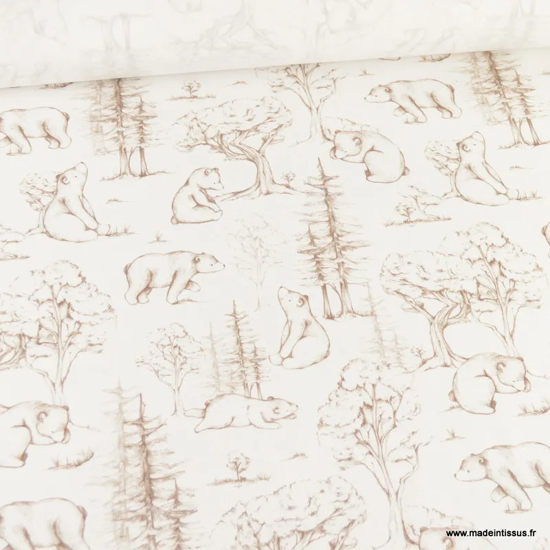 Popeline Ours de la foret magique beige fond blanc -  oeko tex