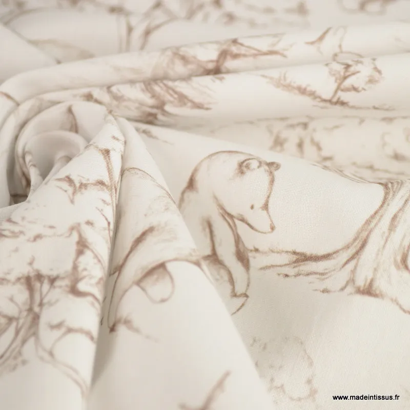Popeline Ours de la foret magique beige fond blanc -  oeko tex