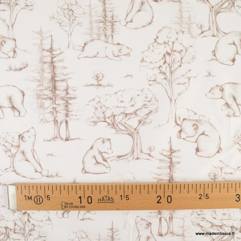 Popeline Ours de la foret magique beige fond blanc -  oeko tex