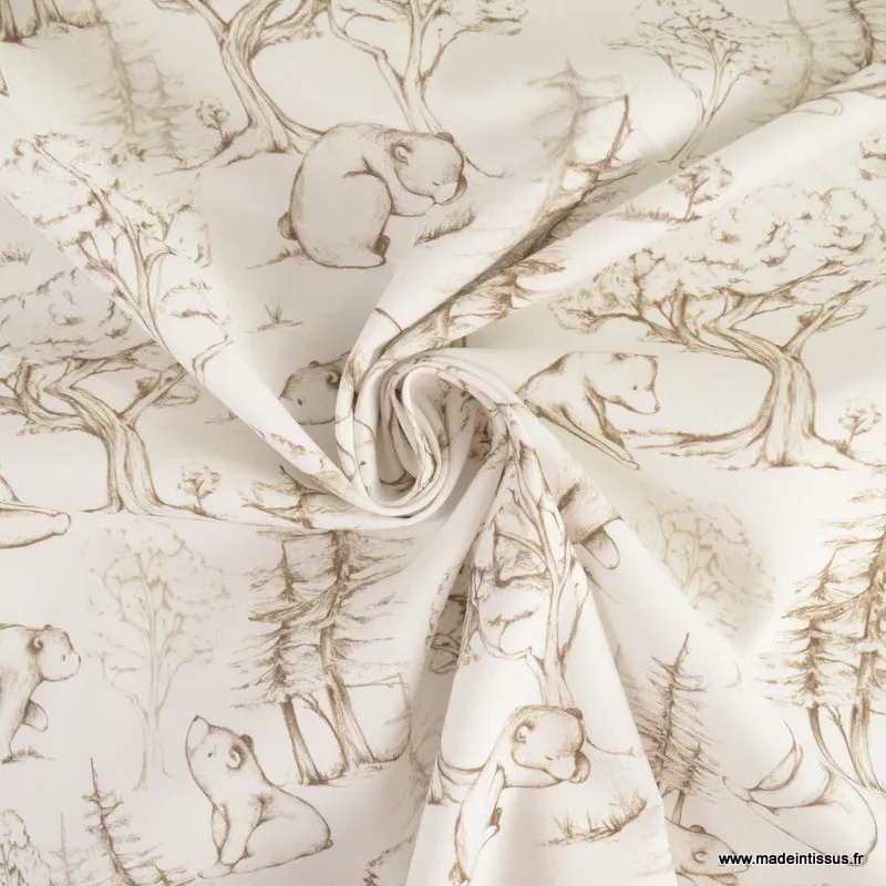 Popeline Ours de la foret magique fond blanc -  oeko tex