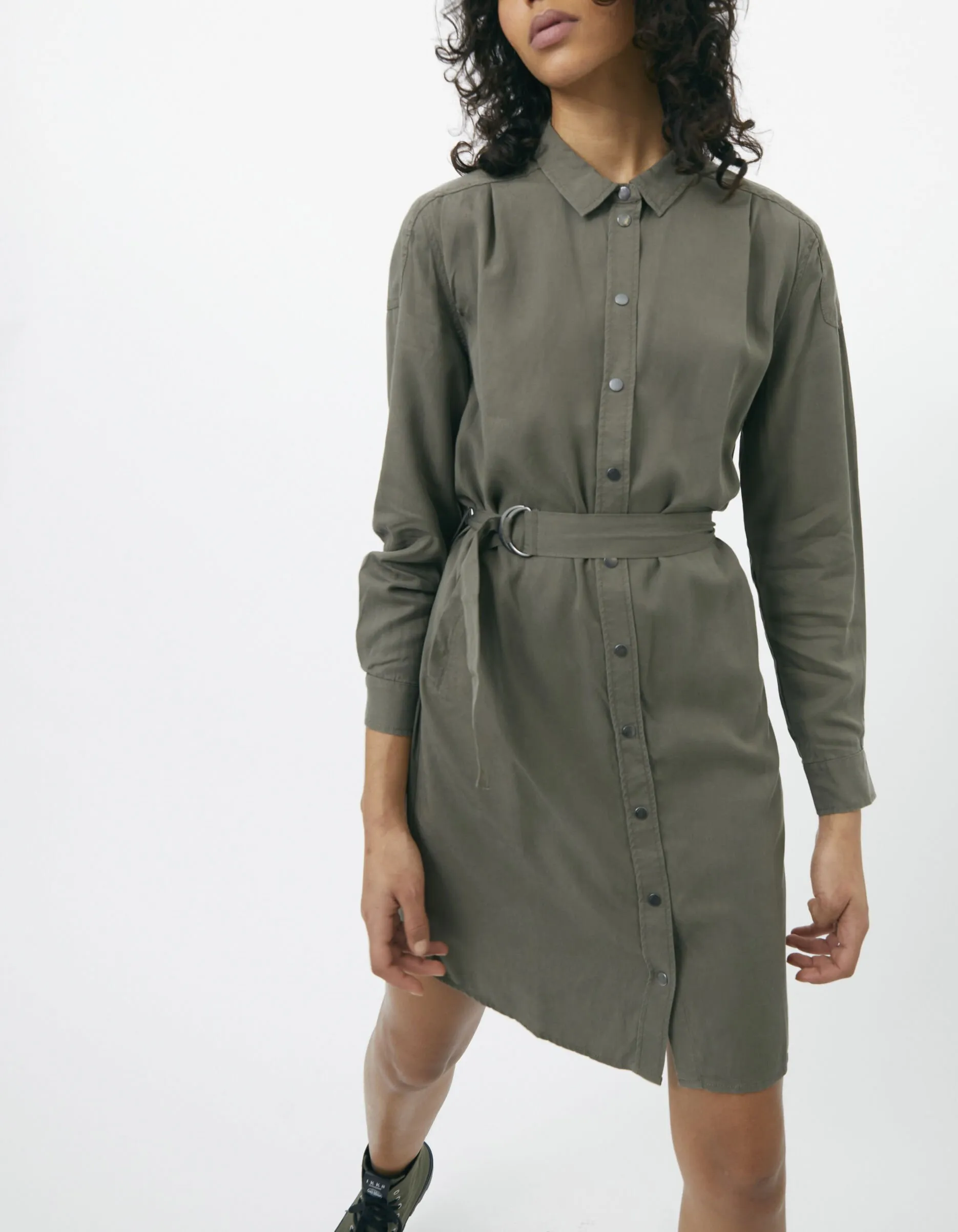 Tencel Shirt Dress in Khaki with Jewel Stud Detail for Women