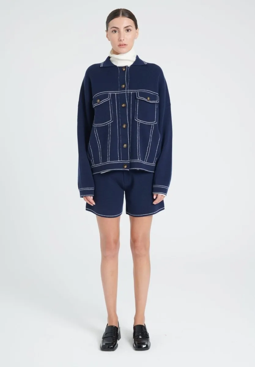 Veste cachemire bleu marine avec couture en blanc femme - ZAYA 14