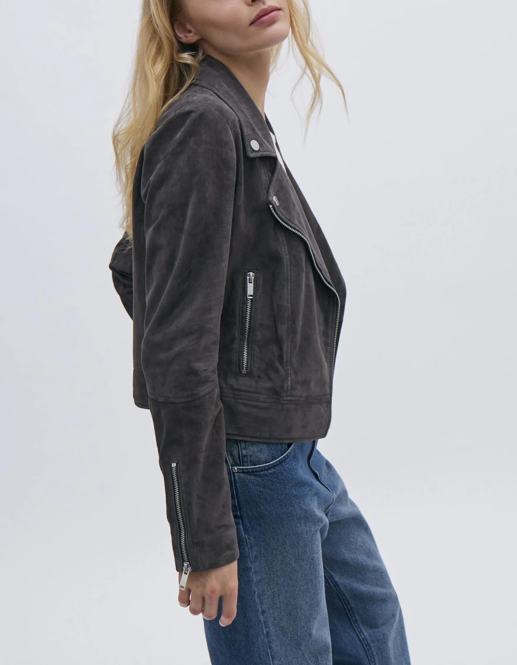 Short grey suede biker jacket Women