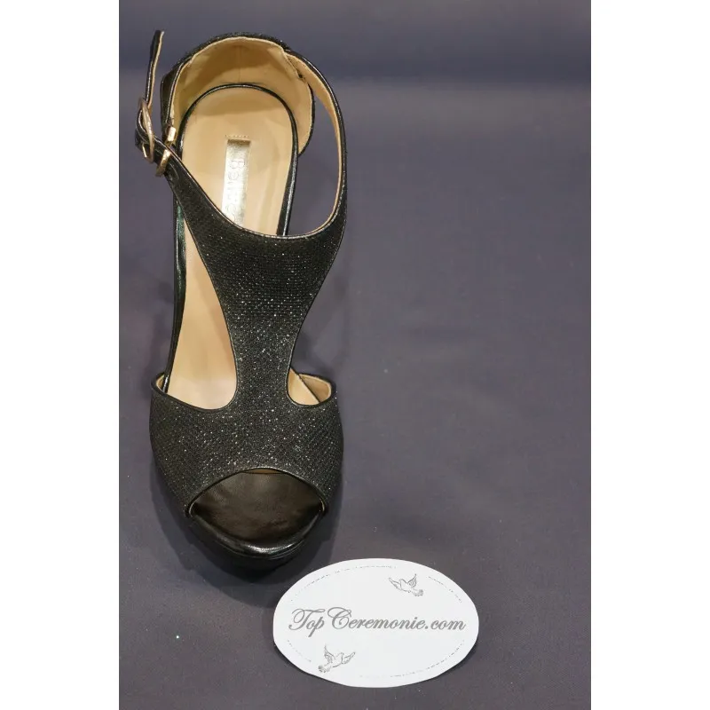 Women's Black Glossy Open Toe Platform Ceremony Heels
